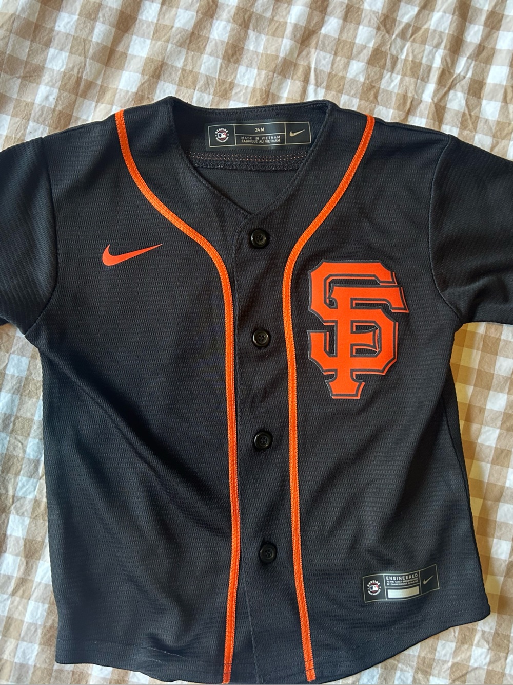 Nike Kids Black Baseball Jersey with Orange Trim & SF Logo